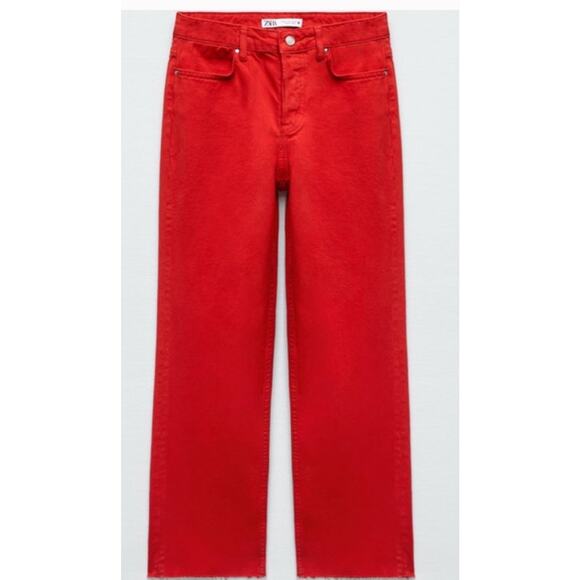 Zara Womens Button Fly Jeans Red Straight Leg High Waist Collection Size 8 - Picture 4 of 11
